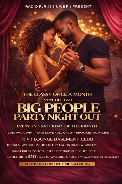 Poster for Big People Party Night Out event featuring a couple dancing, burgundy curtains and golden lights background