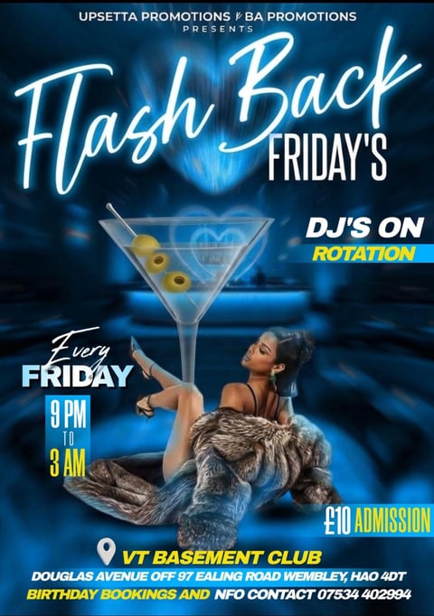Flashback Fridays nightclub event poster with woman holding martini glass, 9pm-8am at VT Basement Club, £10 admission